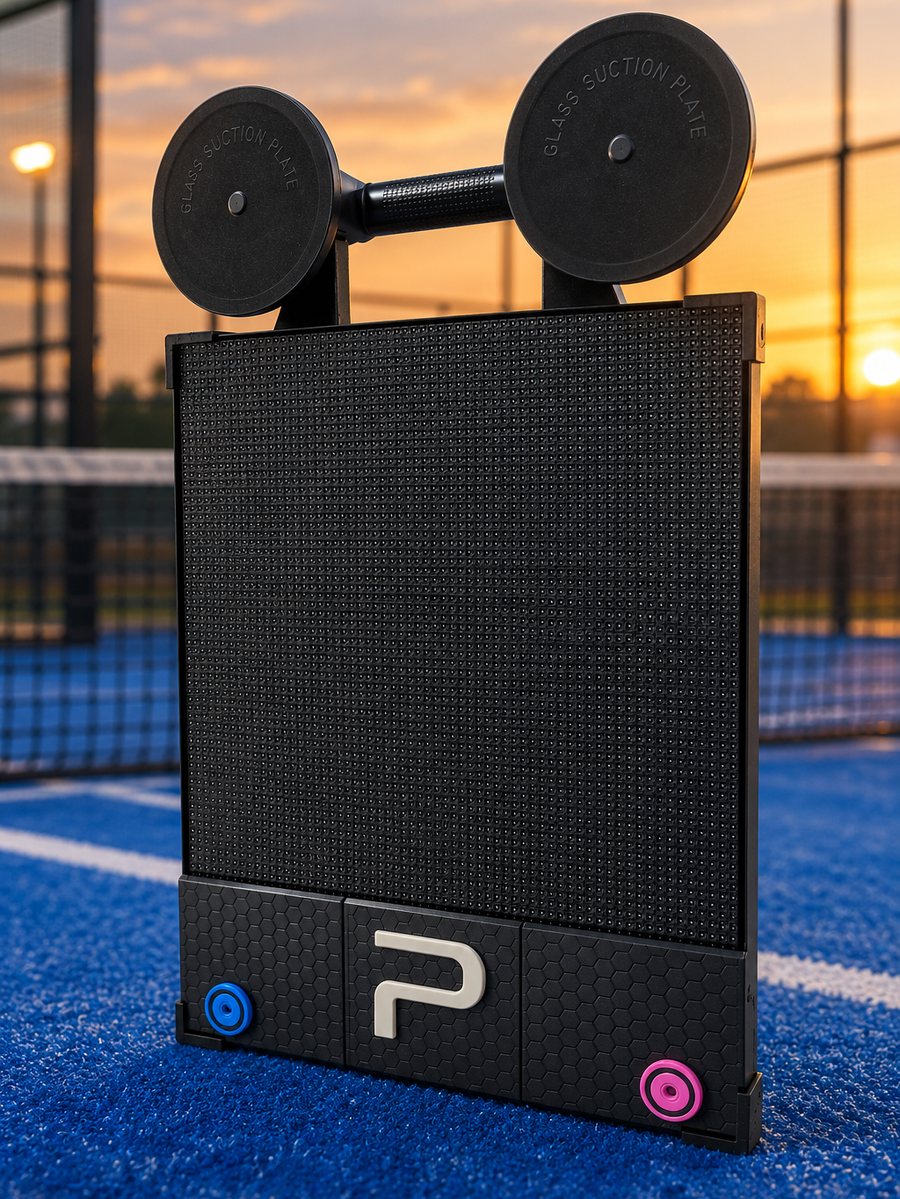 Tablero POINT PADEL apoyado sobre el césped azul de una cancha al atardecer